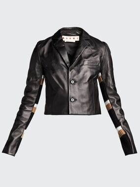 Marni / Size 40 / Leather Jacket with Striped Knit Back / Black and Tan beige